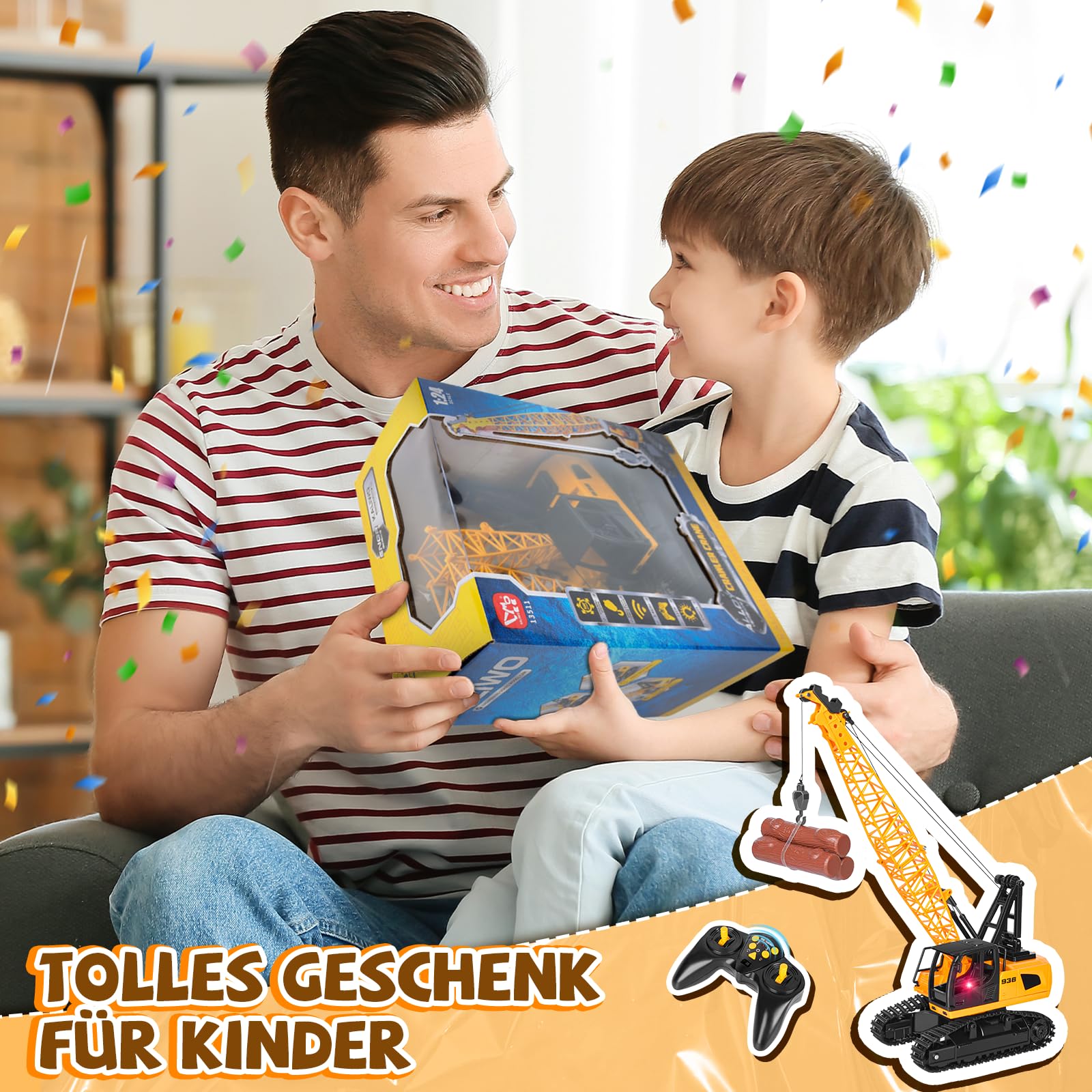 Charmofun Kran Spielzeug, Ferngesteuerter Spielzeugkran mit 12 Kanälen, 2,4G RC Kran mit Lichtern und Geräuschen Realistischer, Weihnachten Kindertag Geburtstag Geschenke für Kinder
