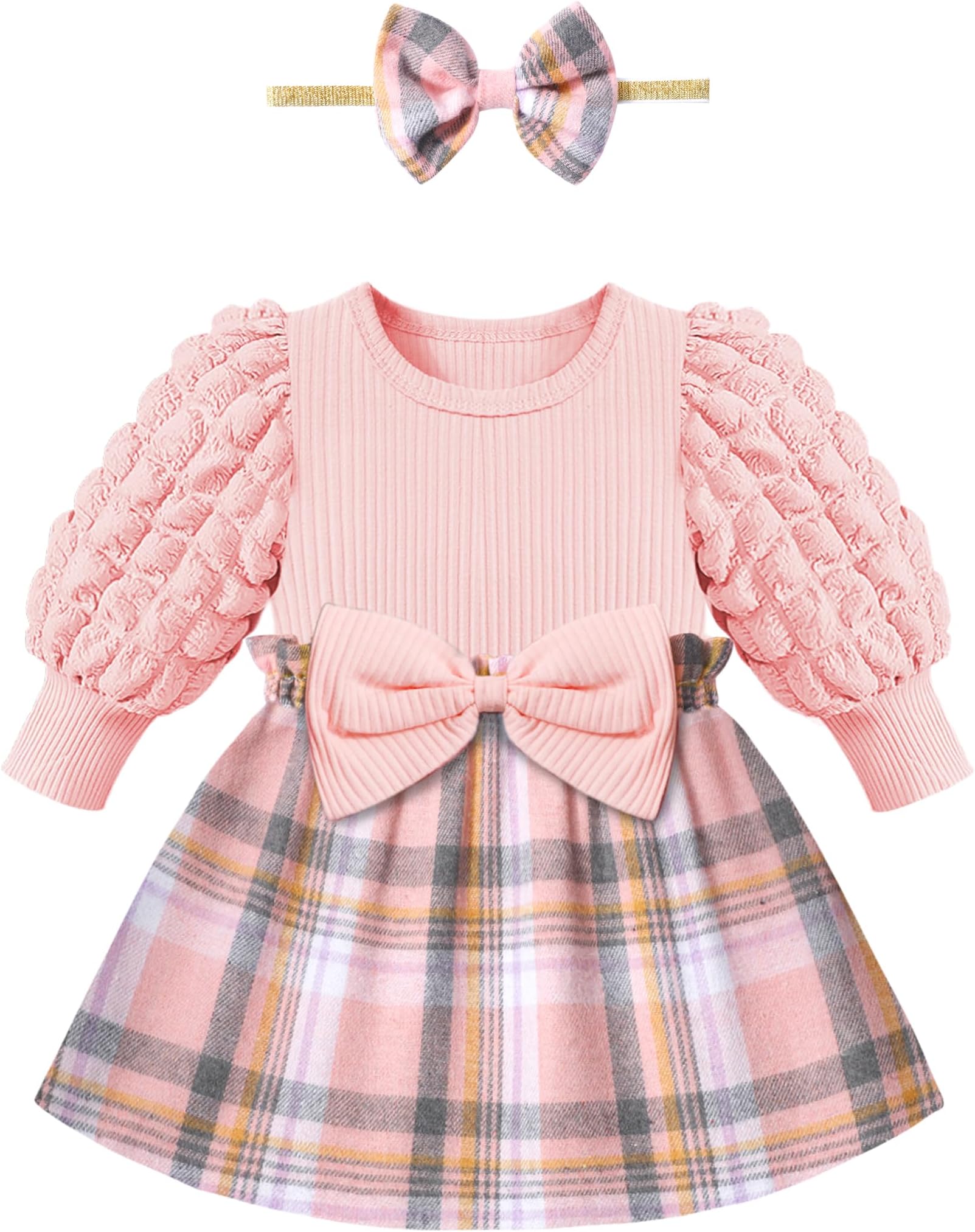 QaoerdeBaby Girl Dress Puff Sleeve Plaid Dress Ribbed Newborn Dress Clothes Fall Winter Outfits with Bowknot Headband