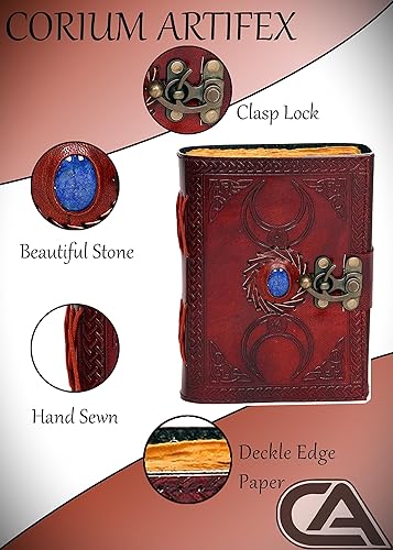 Miniatura 3 de Diario de cuero de triple luna, diario grimorio, cuaderno de bocetos de cuero de una sola piedra, 200 hojas antiguas en blanco con borde de cubierta