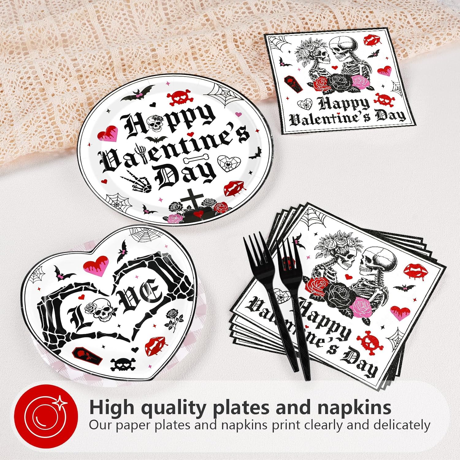 96Pcs Valentine's Day Party Supplies Romantic Gothic Heart Love Plates and Napkins Happy Valentine Day Tableware Set for Gothic Valentines Day Wedding Anniversary Party Supplies Serves 24