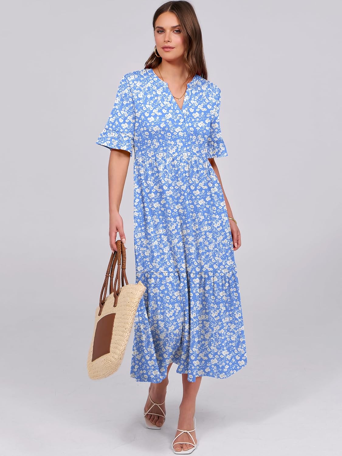 ANRABESS Womens Summer Maxi Dresses Casual Ruffle Short Sleeve V Neck Flowy Tiered 2026 Spring T Shirts Beach Boho Dress - Image 6