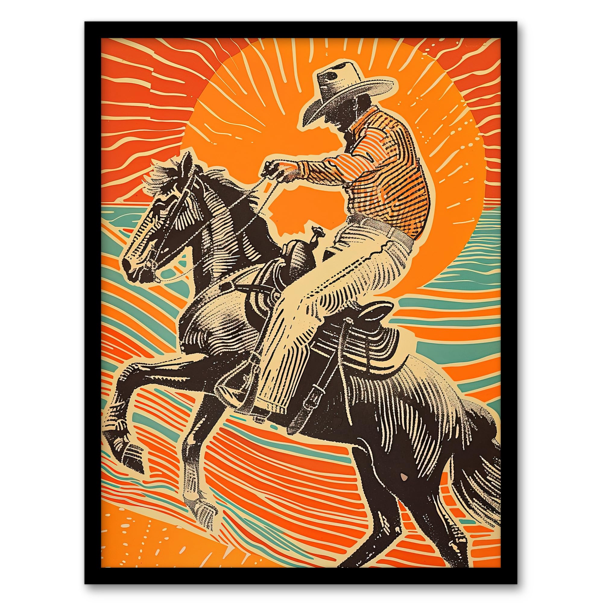 Artery8 Abstract Cowboy on Horse Sunset Western America Living Room Artwork Framed Wall Art Print 18X24 Inch