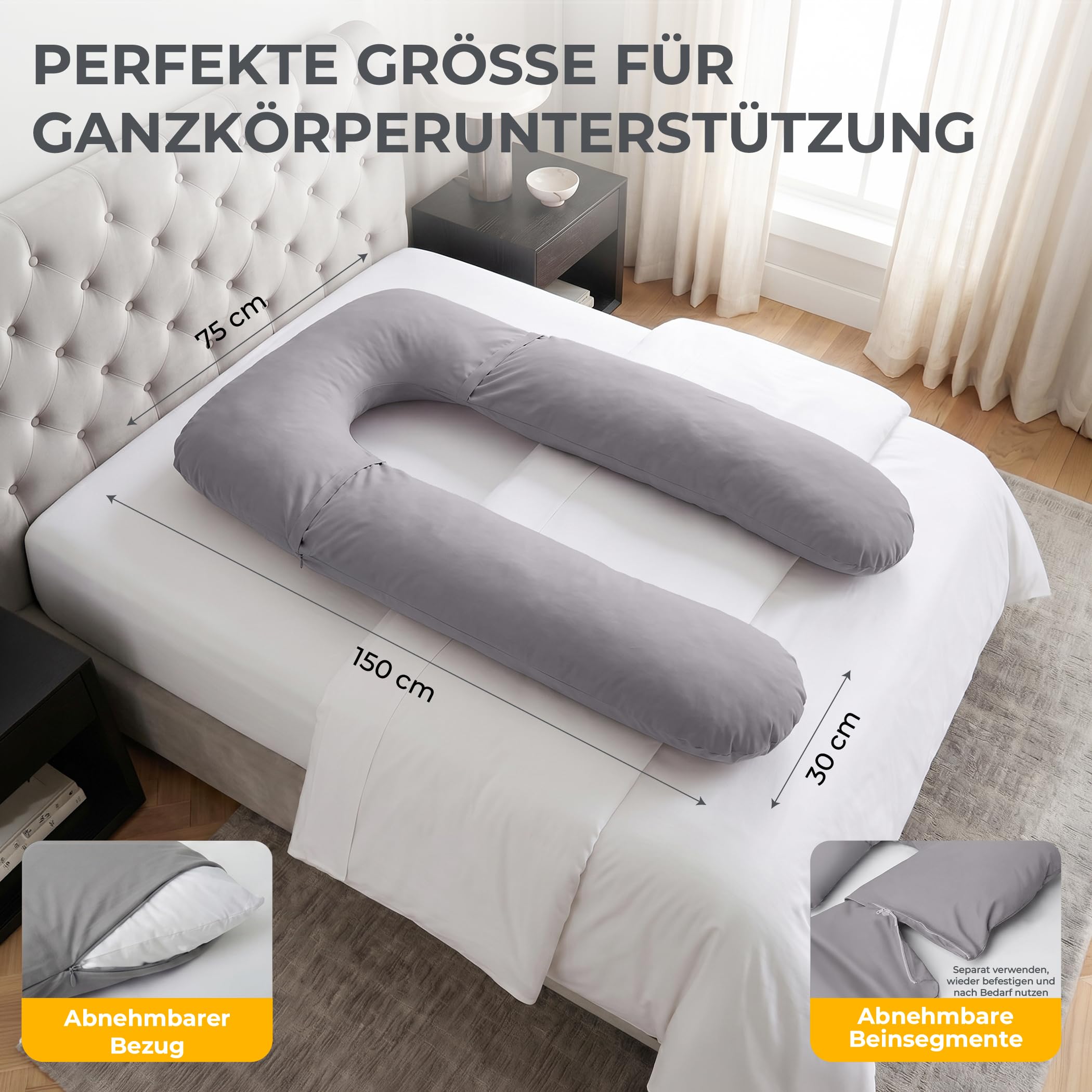 SLEEP COMFY Cuscino per gravidanza a forma di U, XXL, 300 cm, cuscino per allattamento e per dormire sul fianco, cuscino per il corpo con rivestimento in 100% cotone, imbottitura in poliestere