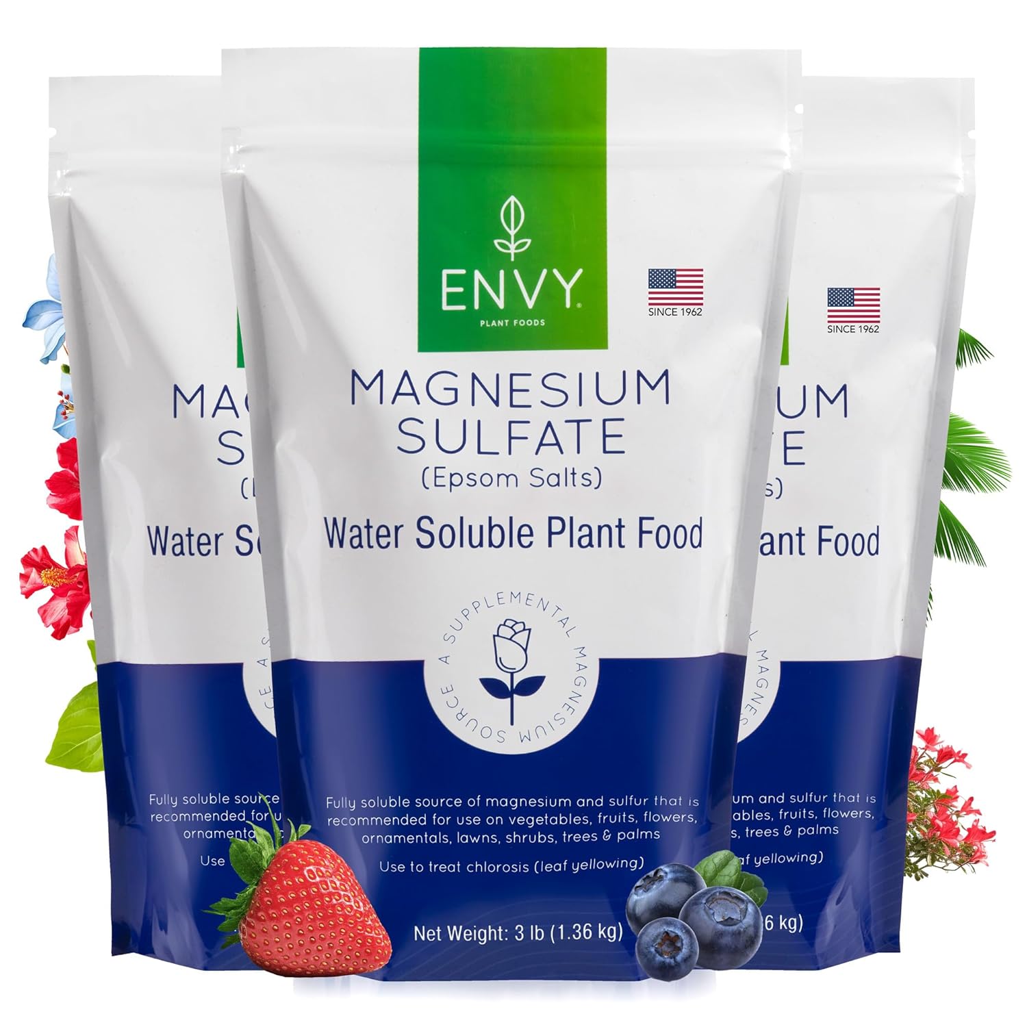 ENVY Organic Magnesium Sulfate Plant Food - Water Soluble Epsom Salts | Fertilizer for Roses, Flowers, Shrubs, Vegetables and Trees (3lb x 3)