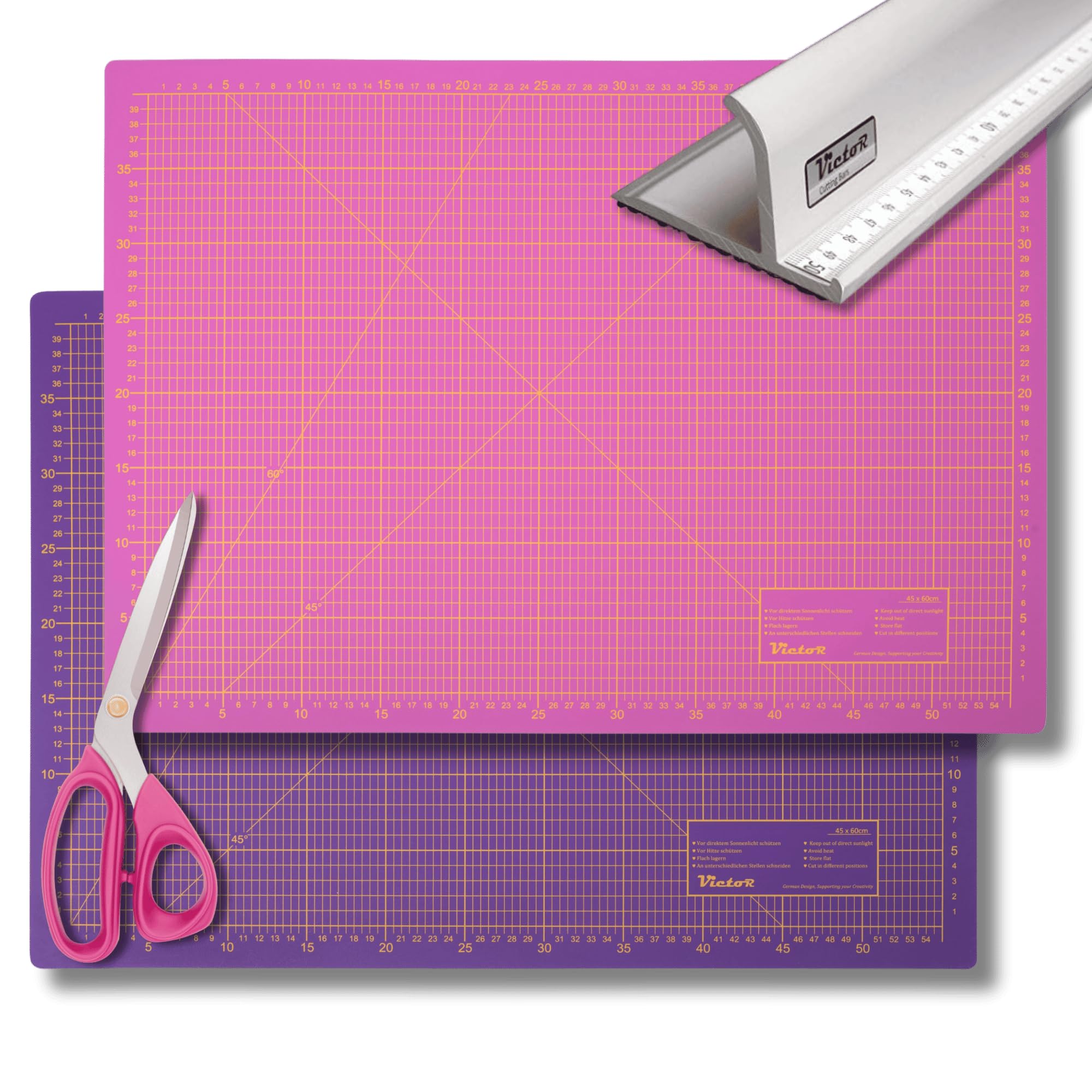 Victor set tappetino da taglio A1 viola rosa 60 x 90 cm a 3 strati autorigenerante – supporto da taglio professionale con forbici e riga da taglio in alluminio da 52 cm