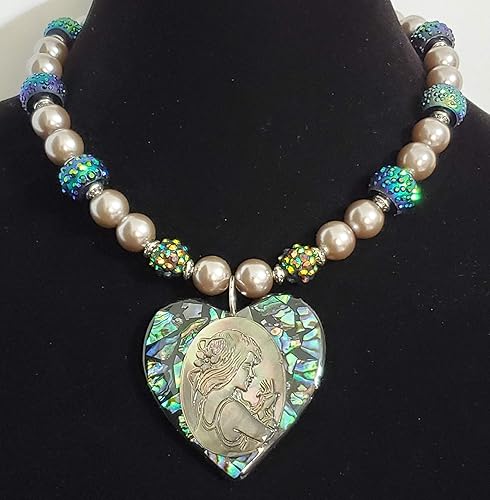 Miniatura 5 de Vintage Abalone Oyster Shell Cameo Heart Pendant Necklace Earrings One of a Kind