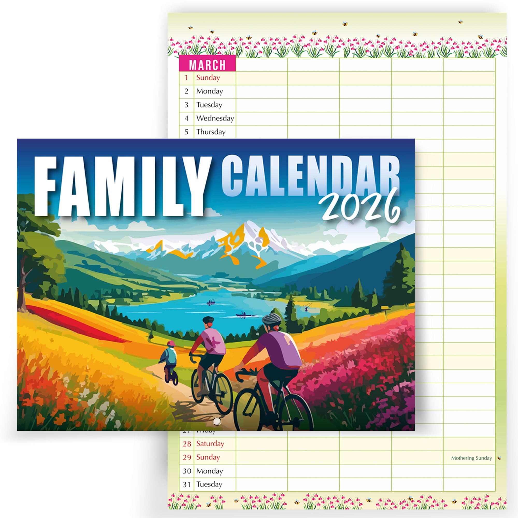 Family Calendar 2026, monthly planner with 5 columns. Useful as a family planner calendar 2026. Printed by CO2 neutral printer with vegetable ink, fully recyclable