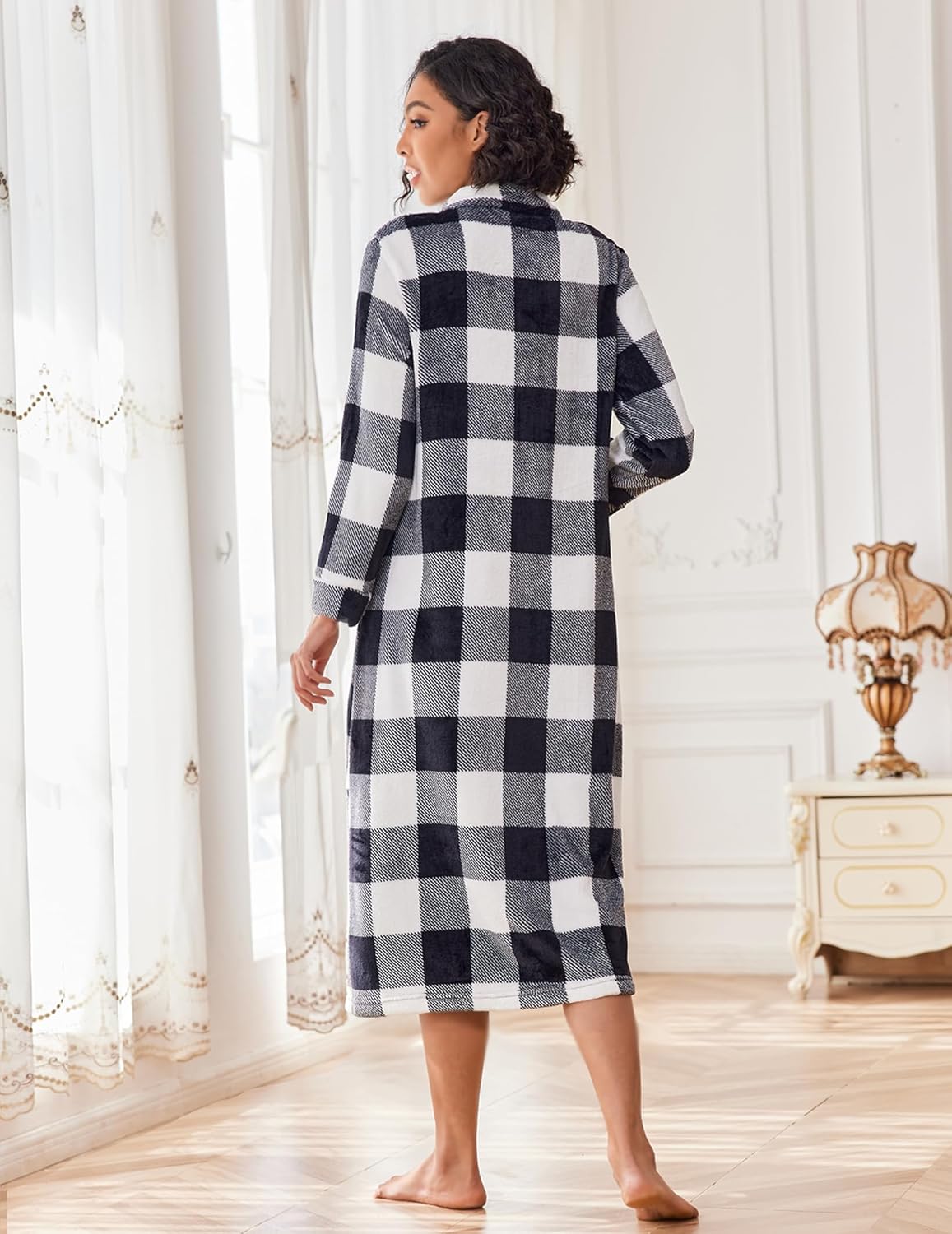 Ekouaer Women Zipper Robe Fleece Long Sleeves Bathrobe Sleepwear Warm Soft Housecoat with Pockets Zip Up House Dresses - Image 4