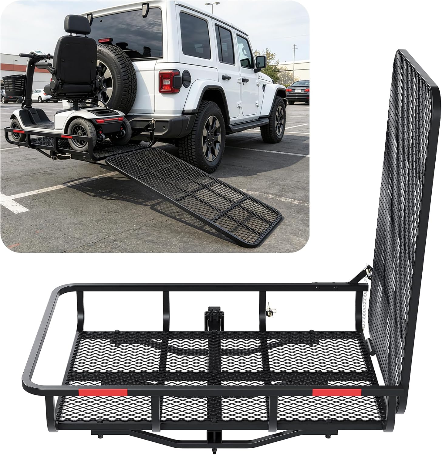 ALMULOO Hitch Mount Carrier with Folding Ramp for Wheelchairs and Lawn Equipment, with a Capacity of 500lbs and 73lbs Unit Weight