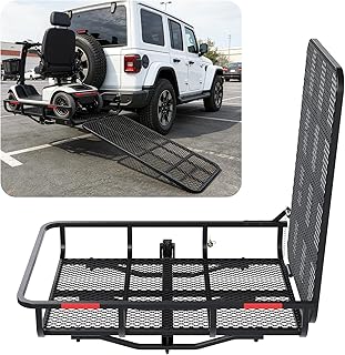 ALMULOO Hitch Mount Carrier with Folding Ramp for Wheelchairs and Lawn Equipment, with a Capacity of 500lbs and 73lbs Unit Weight