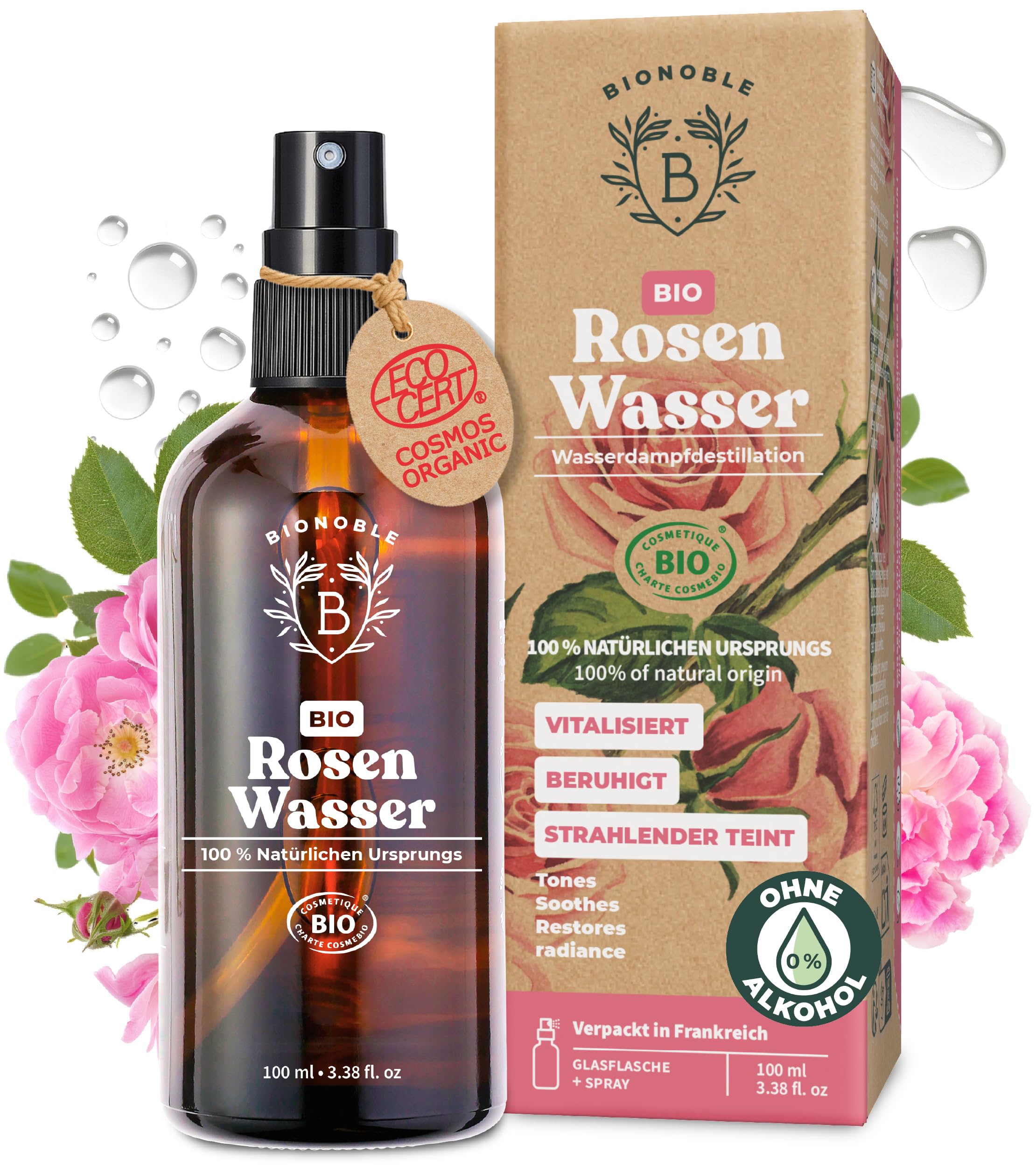 BIONOBLE Rosenwasser Bio - Vitalisiert, Beruhigt, Verleiht Strahlkraft - 100% Natürliches Rosenhydrolat Bio Ohne Alkohol - Rosenwasser Gesichtswasser, Haare - Rose Water Spray in Glasflasche - 100ml