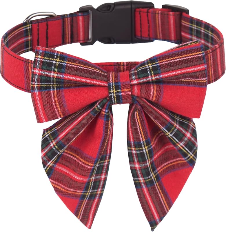 Coleira para Cães ADOGGYGO com Gravata-Borboleta Removível, Xadrez Vermelho, M
