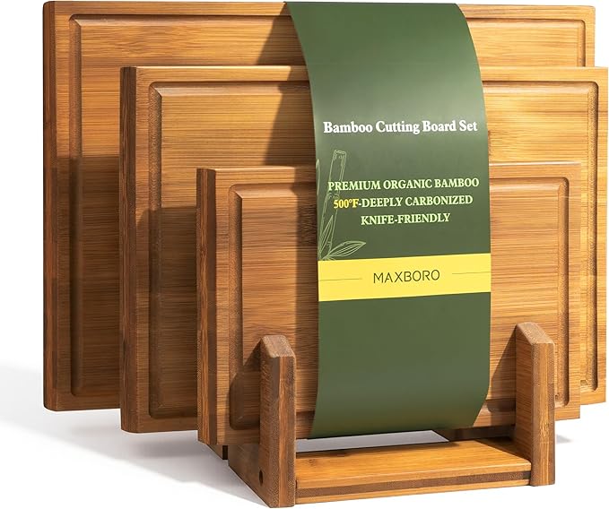 Bamboo Cutting Board Set with Stand, 3PCS Double-Sided Chopping Boards for Kitchen Meal Prep & Serving, Charcuterie, Juice Grooves & Side Handle, Ideal for Meat, Vegetables, Kitchen Essentials