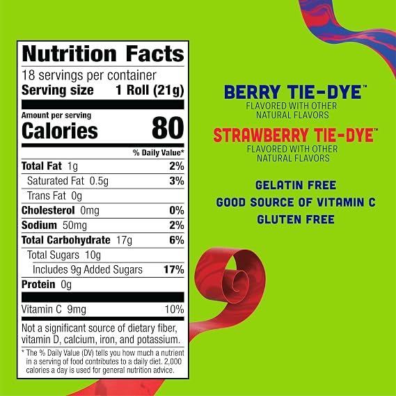 Fruit By The Foot Fruit Flavored Snacks, Berry Tie-Dye & Strawberry Tie-Dye, Family Pack, 18 Rolls, 13.5 oz