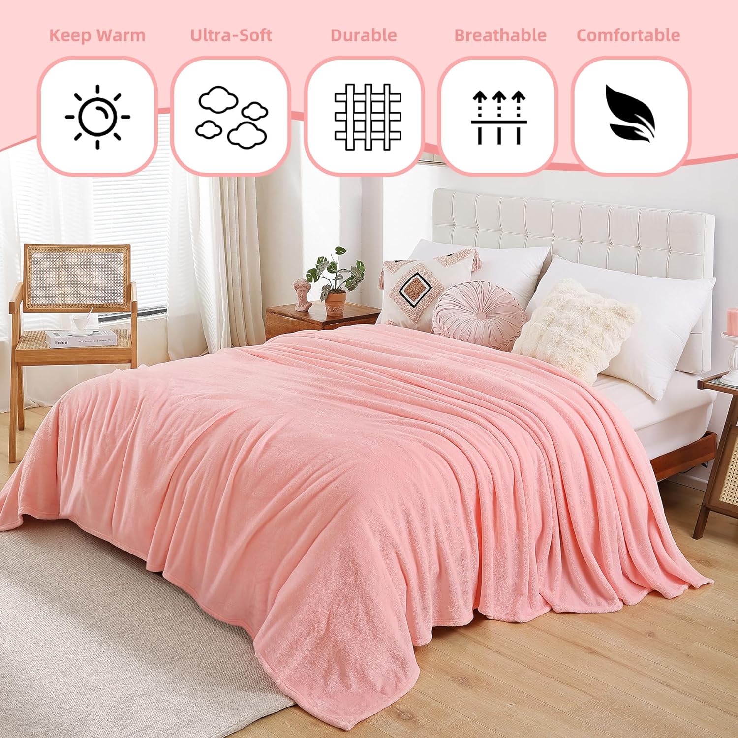 Pink Fleece Throw Blanket for Couch Chair Sofa, Soft Warm Fuzzy Cozy Blankets for Women Men, 300GSM Room Decor Flannel Microfiber Blankets for All Seasons, 50x60 Inches - Image 2