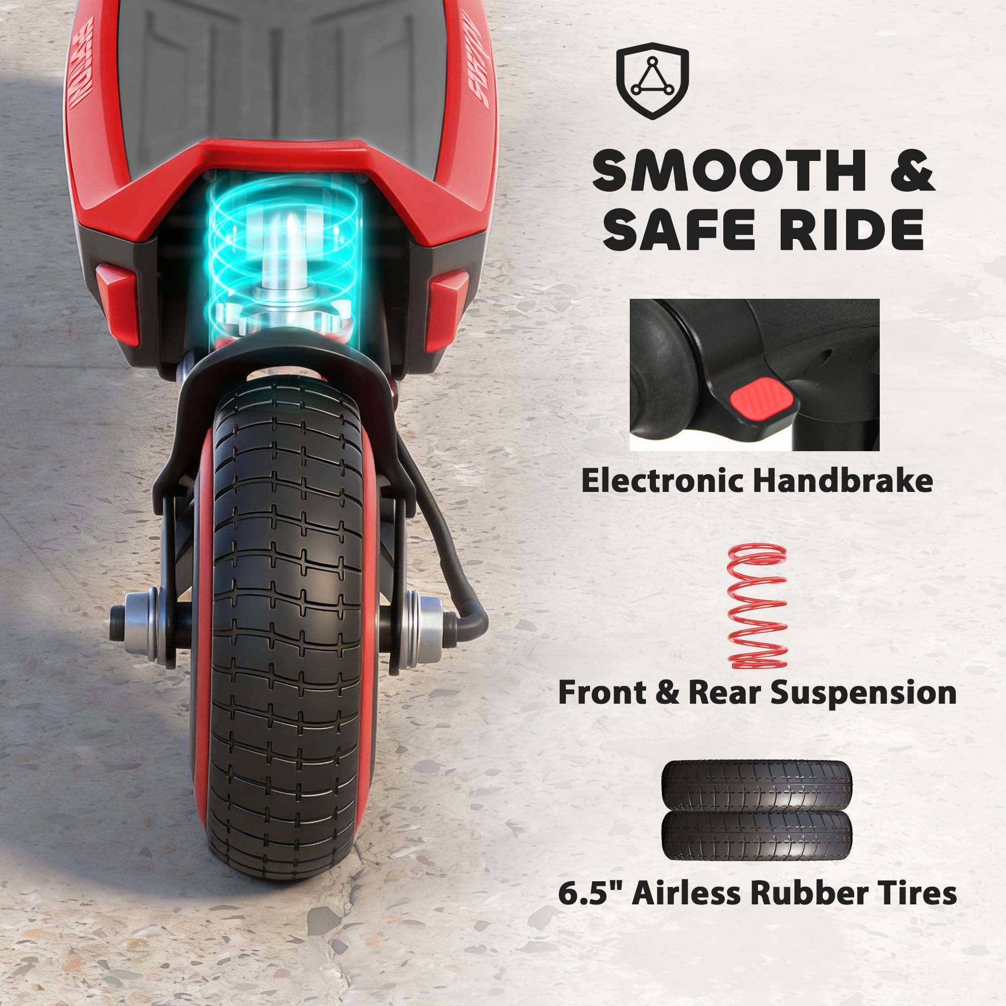 SPORTNOW Patinete eléctrico para niños, doble suspensión, plegable, de 6 a 14 años, color rojo | Pantalla LED, luces RGB, hasta 16 km/h, alcance de 12 km, ruedas sólidas de 6.5 pulgadas, kick-to-start, para niños y niñas