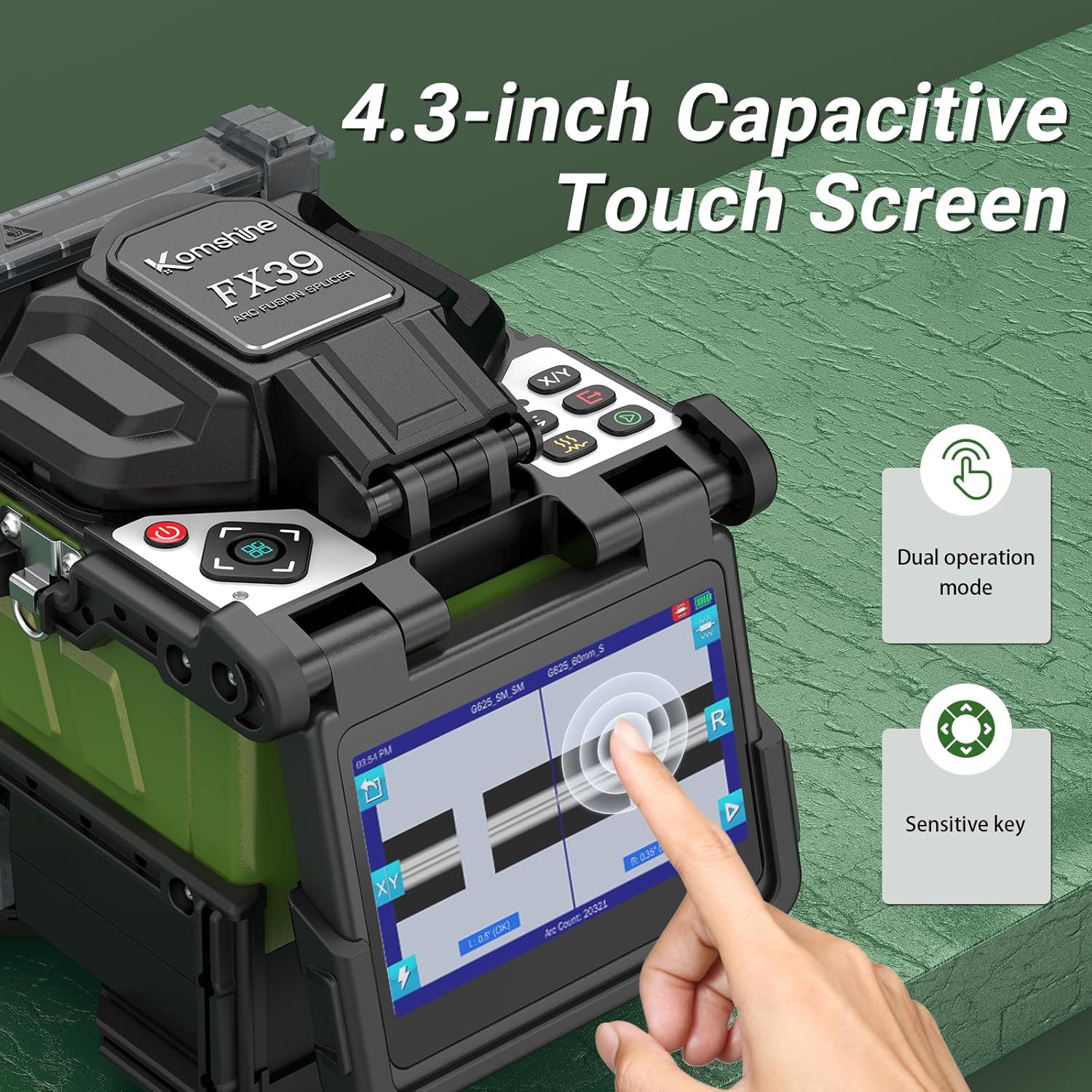 Fiber Fusion Splicer KOMSHINE FX39 Core Alignment Fast Splicing 8s Fast Heating 16s + 1310 1550nm 26 24dB Touch Screen OTDR Loss Accuracy 0.03dB w/OPM SLS SM V F-L RJ45 Multi-Functions for CAT5 CAT6