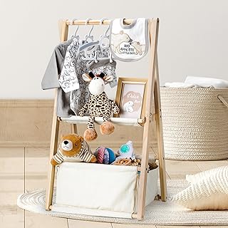 Wooden Baby Shower Crate Closet, Double-Layered Baby Basket for Nursery, Baby Storage Crate with Hangers, Newborn Baby Clothing Rack for Baby Shower Gifts, Pregnancy Gifts for New Mom Parents