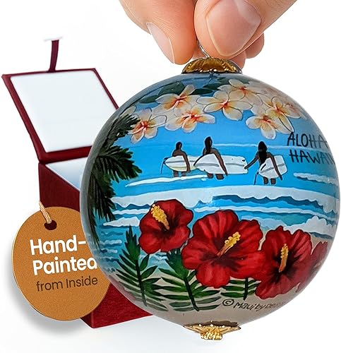 Hawaiian Beach Life - Adorno hawaiano coleccionable de cristal pintado a mano con caja de regalo NB/H Beach Life,Corales y tortugas marinas,Puesta