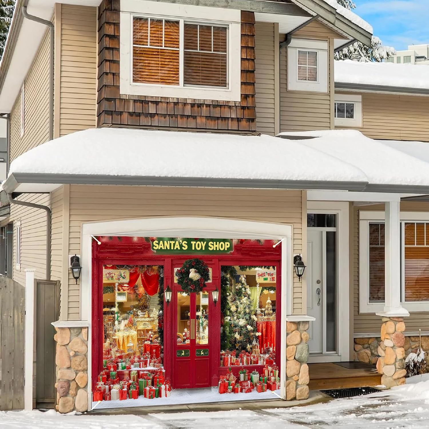 7x8 Ft Christmas Garage Door Banner Decorations Santa's Toy Shop Garage Door Cover Single Merry Christmas Santa Claus Toy Shop Party Banner Wall Photo Backdrop for Xmas Eve Winter Outdoor Indoor Decor