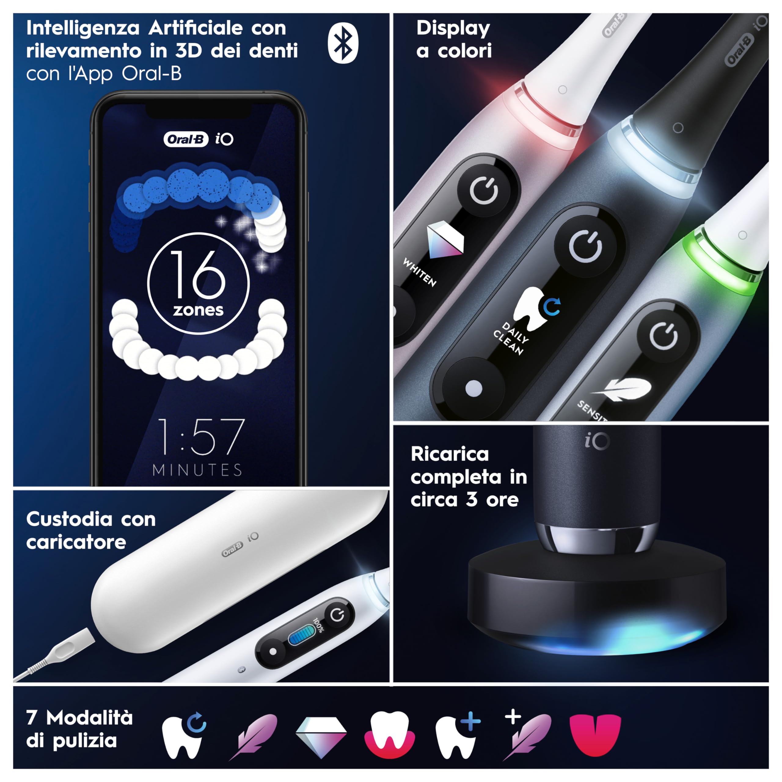Oral-B Spazzolino Elettrico Ricaricabile iO 9N, Sensore di Pressione, Display Interattivo, A.I. , 7 Modalità, 2 Testine, 1 Spazzolino, 1 Custodia da Viaggio, pacchetto variabile, Nero (Black Onyx)