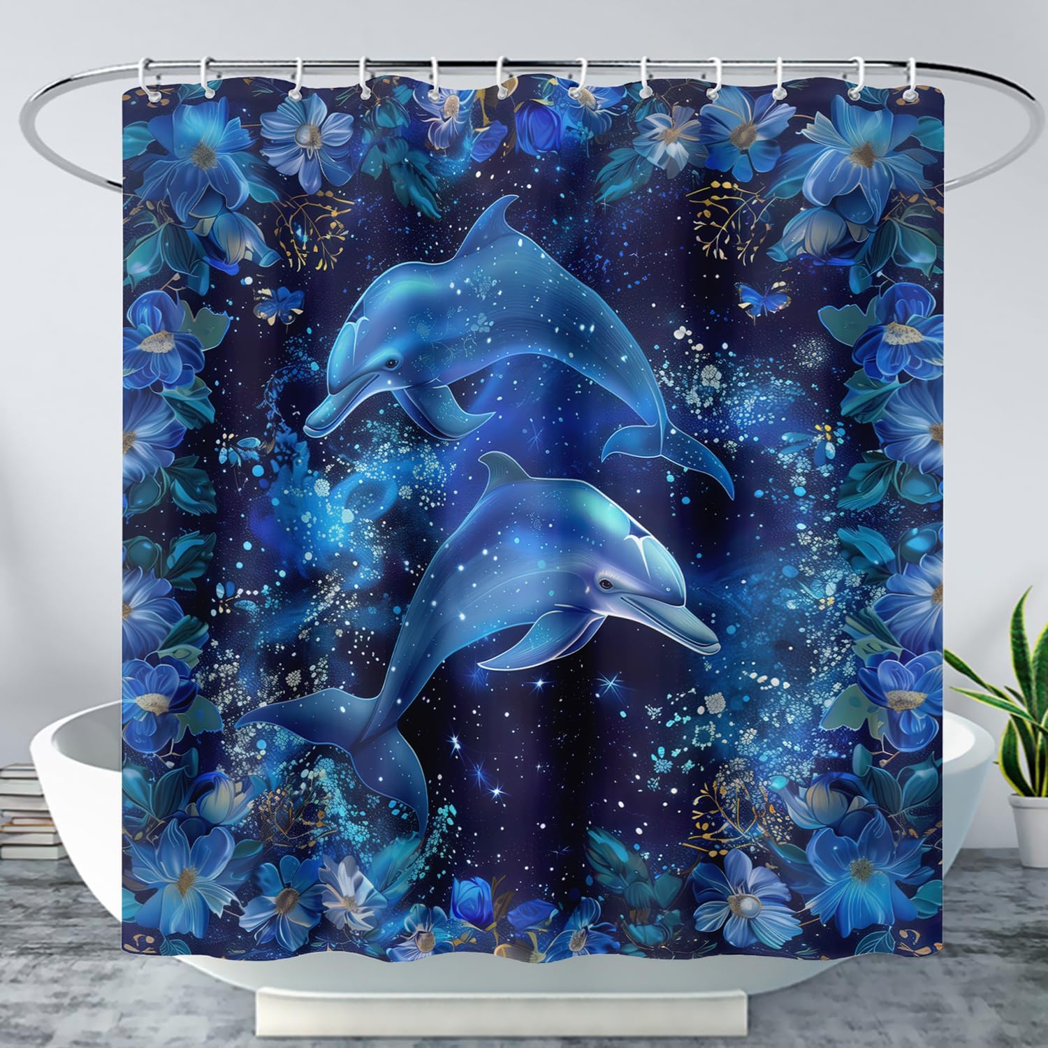 AILONEN Boys Girls Dolphin Shower Curtain Set,Blue Flower Sea Life Bathroom Curtain,Ocean Animal Bathroom Decor,Under Water Dolphin Pattern Ocean Waterproof Shower Curtain with Hooks,72" Wx72 H