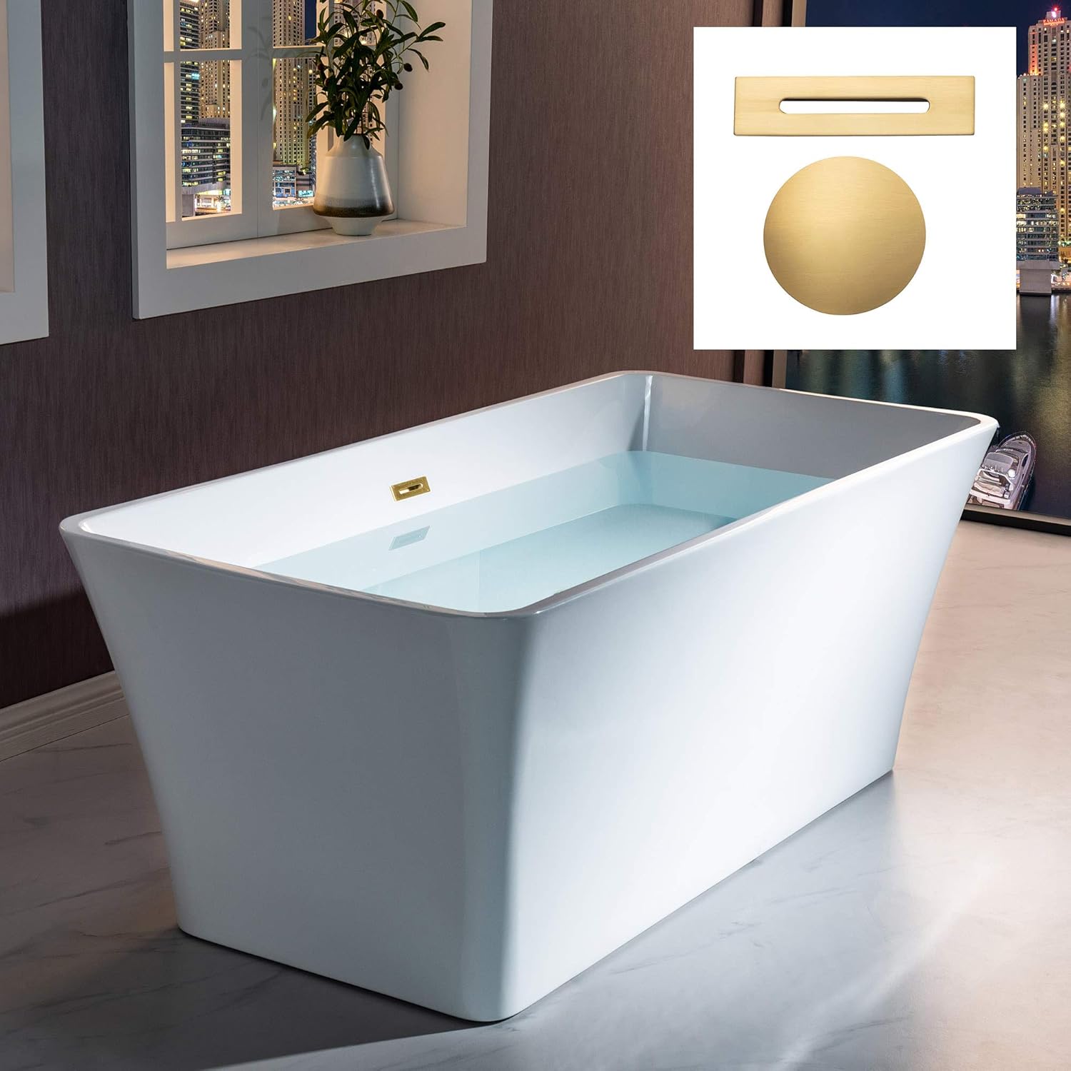 WOODBRIDGE 59" Acrylic Freestanding Bathtub Contemporary Soaking White Tub with Brushed Gold Overflow and Drain?BTA1509 -BG-Drain &O