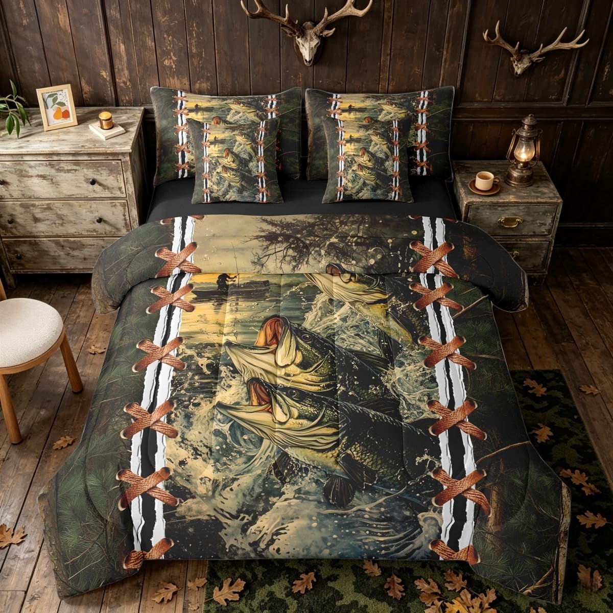 Erosebridal Pike Fish Grey Brown Camo Boys King 7-Piece Comforter Set | Sea Wave Sheets and Pillowcases Hunting Animal Bed in A Bag Adults Women Men Bed Sets