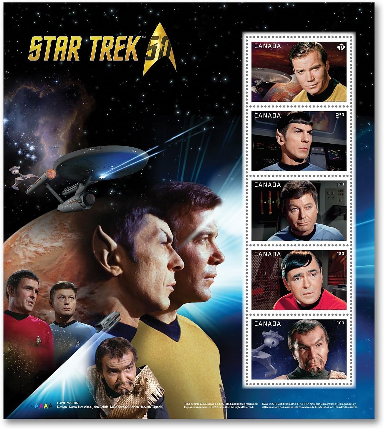 Star Trek 50th Anniversary Pane of 5 - Captain Kirk, Spock, Scotty, Doctor Leonard “Bones” McCoy and KOR - Collectible Postage Stamps Canada