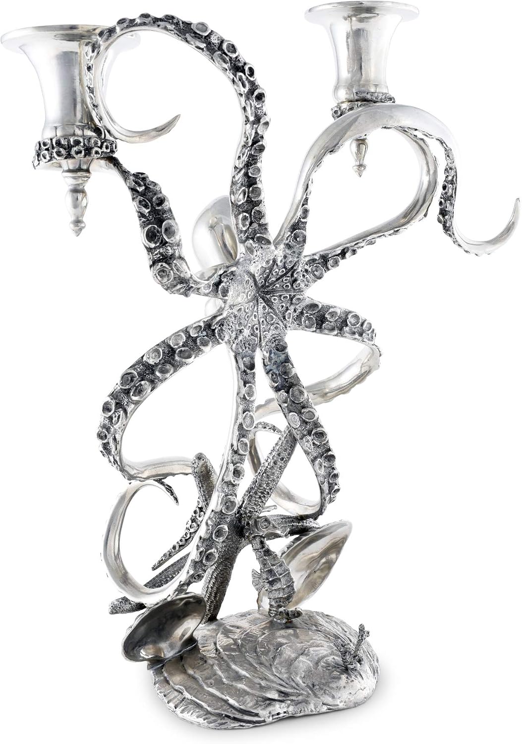 Vagabond House Two Taper Pewter Metal Octopus Candelabrum Candlestick Centerpiece 13.5 inch Tall