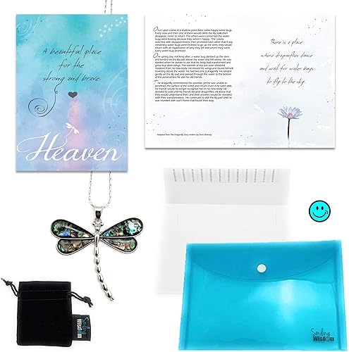 Miniatura 4 de Smiling Wisdom - Juego de tarjeta de felicitación de historia de libélula del cielo - Collar de libélula de abulón - Pérdida, dolor, duelo o