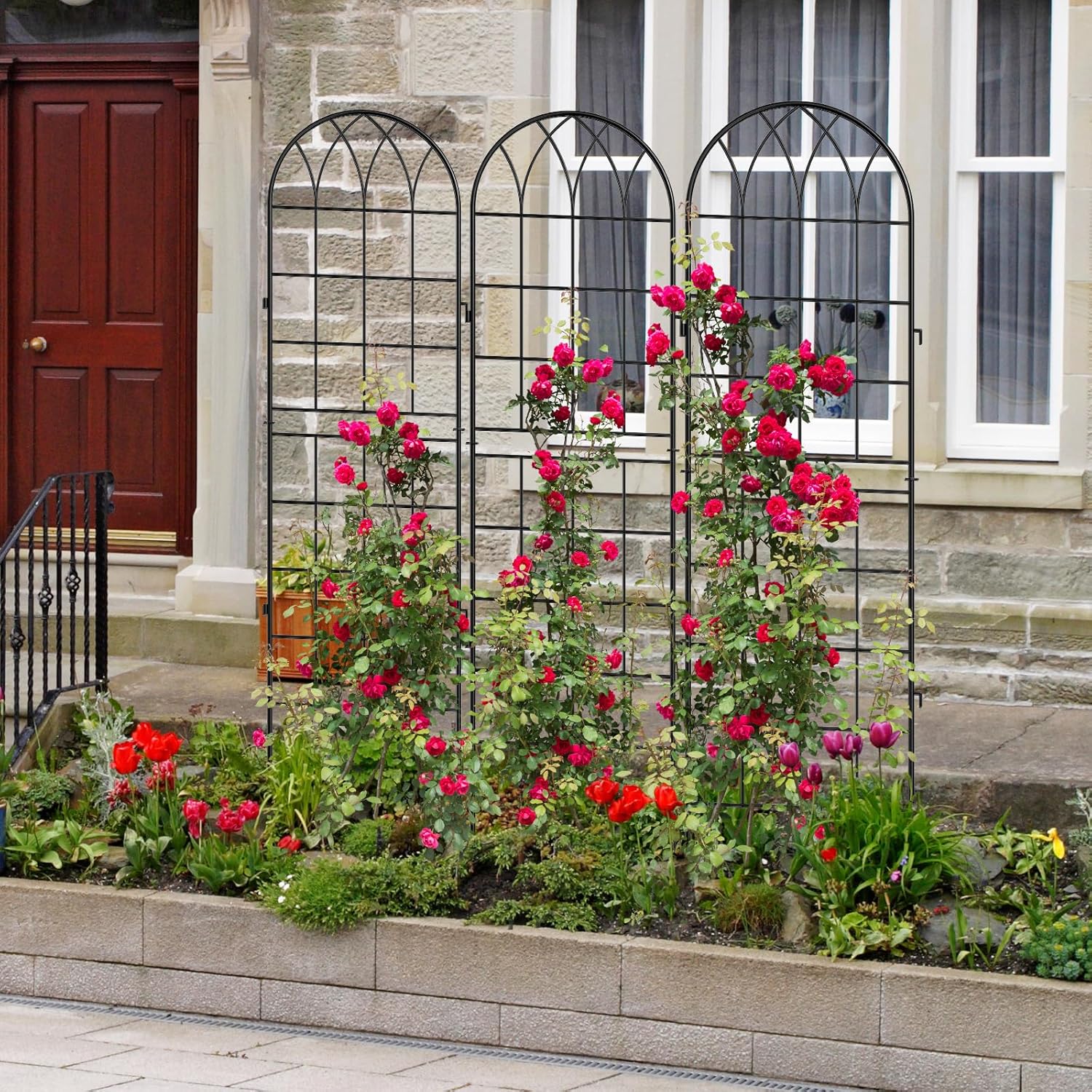DoCred 4 Pack Garden Trellis for Climbing Plants, 71 Inch Metal Plant Trellis for Plant Support, Large Decorative Outdoor Trellis for Climbing Vegetable Flower Rose Vine Cucumber, Black