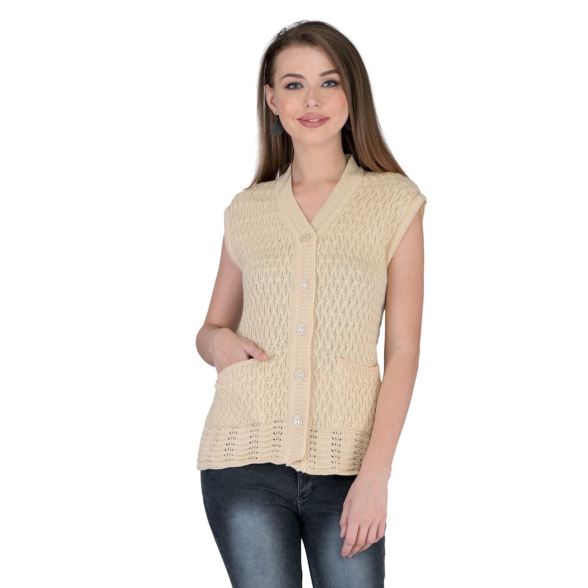 Women Woolen Sleeveless Self Design Cardigan - Daffodil Fabric Winter Wear With Front Pockets, V-Neck (L, Light Skin)