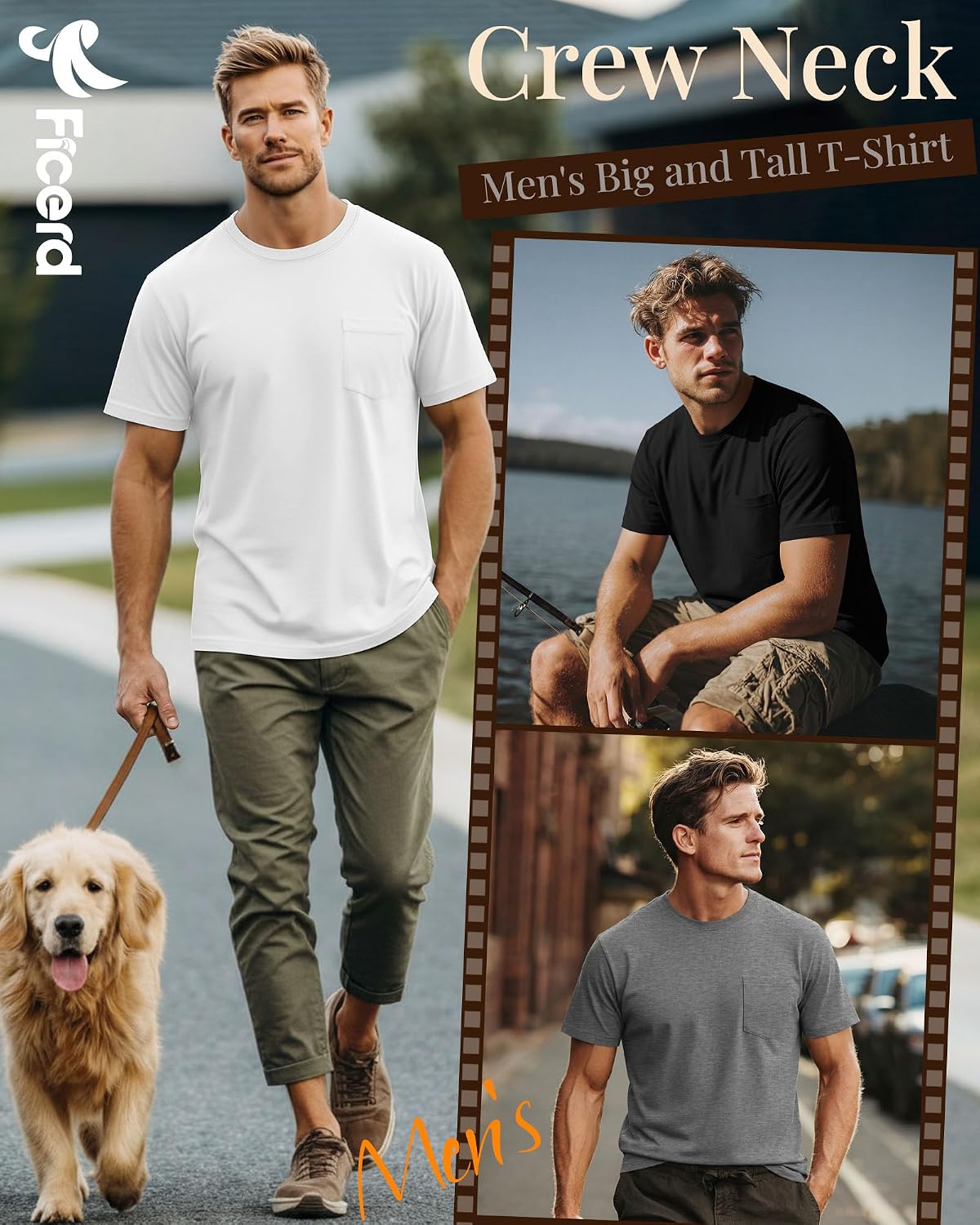 Ficerd 3 Pack Men's Big and Tall T-Shirt, Short Sleeve Pocket Basic Tee Crew Neck Lightweight Tops Solid Loose Fit Shirts
