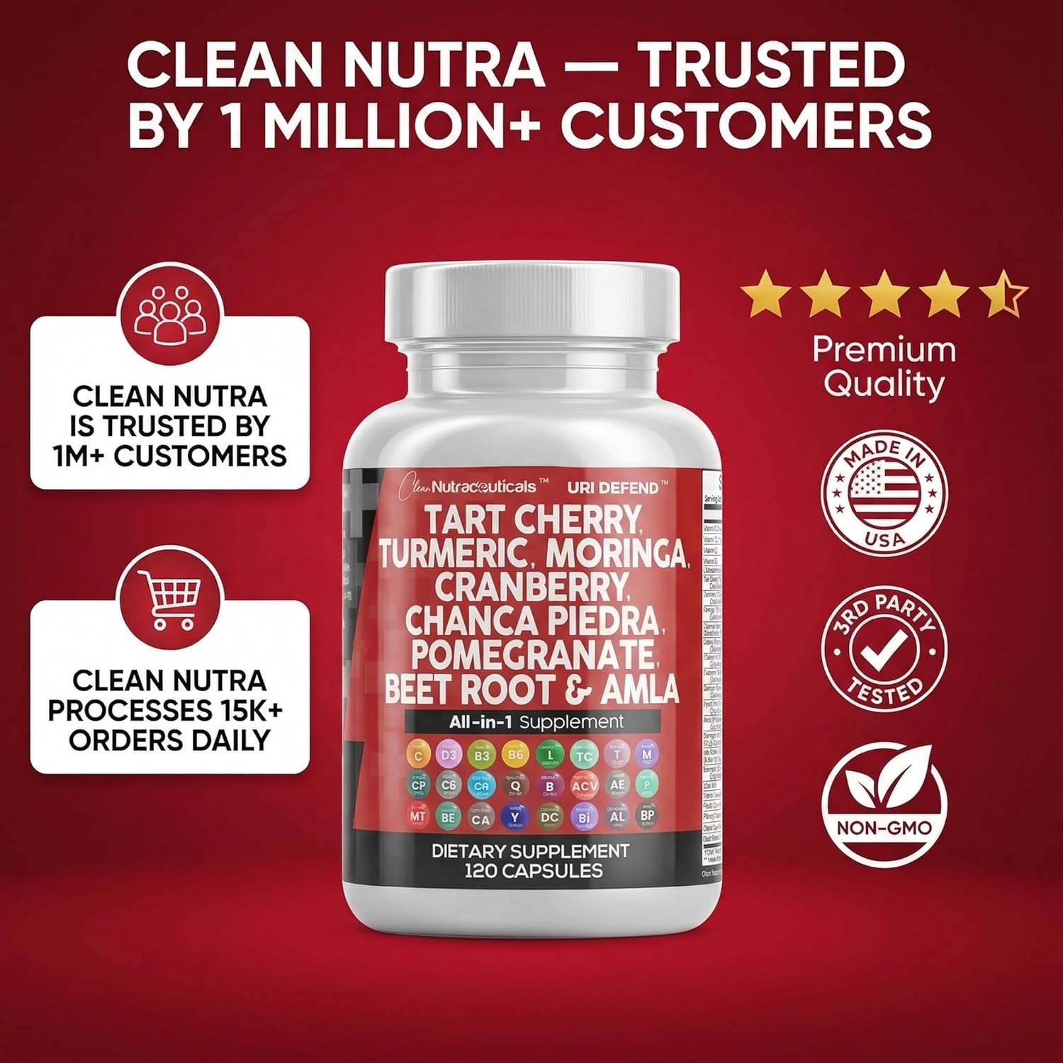 Clean Nutraceuticals Tart Cherry Extract Capsules with Turmeric Moringa Cranberry Chanca Piedra Celery Quercetin ACV Pomegranate L Selenomethionine - Uric Levels - 120 Ct