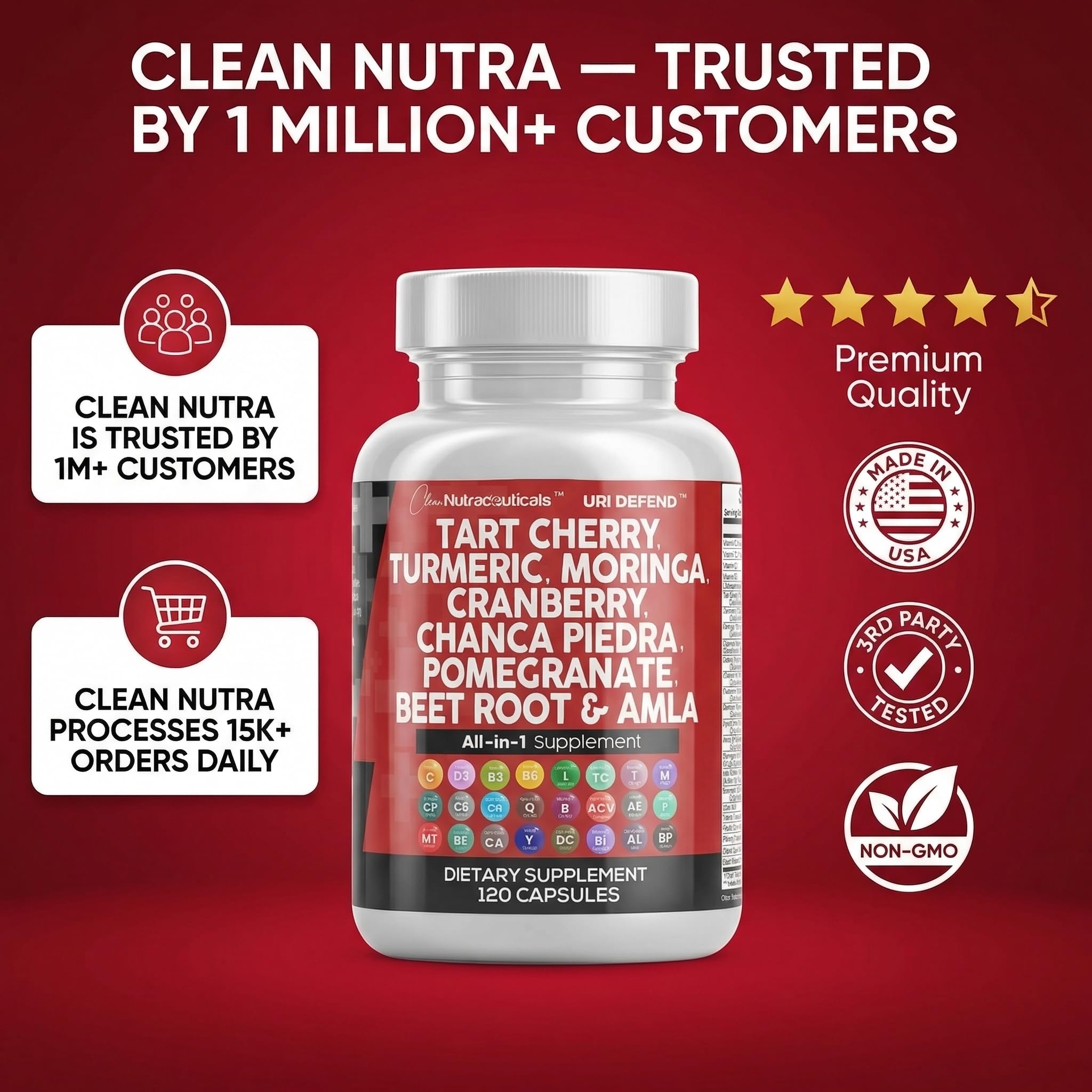 Clean Nutraceuticals Tart Cherry Extract Capsules with Turmeric Moringa Cranberry Chanca Piedra Celery Quercetin ACV Pomegranate L Selenomethionine - Uric Levels - 120 Ct — Amazon image 8