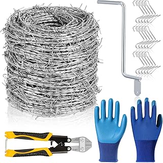 328ft (100m) 1.8mm 4 Point Barbed Wire Fence Set 1 Hot Dip Galvanized with 156mm Fence Wire Tightener 1 Tighteners Handle 1 Cable Bolts Cutters 1gloves for Crafts Baseball Ball Yard Garden