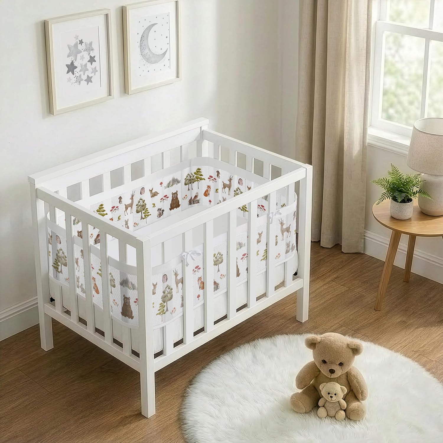 Sweet Jojo Designs + BreathableBaby Breathable Mini Crib Mesh Liner (Woodland Forest Animals) for Boys/Girls, Baby, Infants/Newborn Porta Portable Cribs Anti-Bumper (Neutral, Animal Friends, Bear Fox)