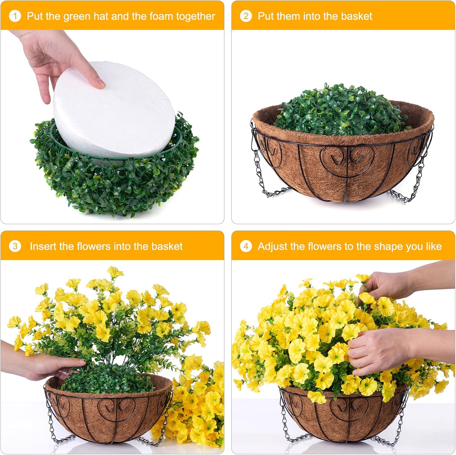 Artificial Fake Hanging Flowers Plants Baskets for Spring Outdoors Decor, Faux Silk Morning Glory in Planter UV Resistant Realistic Outside Flowers for Outdoor Porch Patio Balcony Yard Home, Yellow