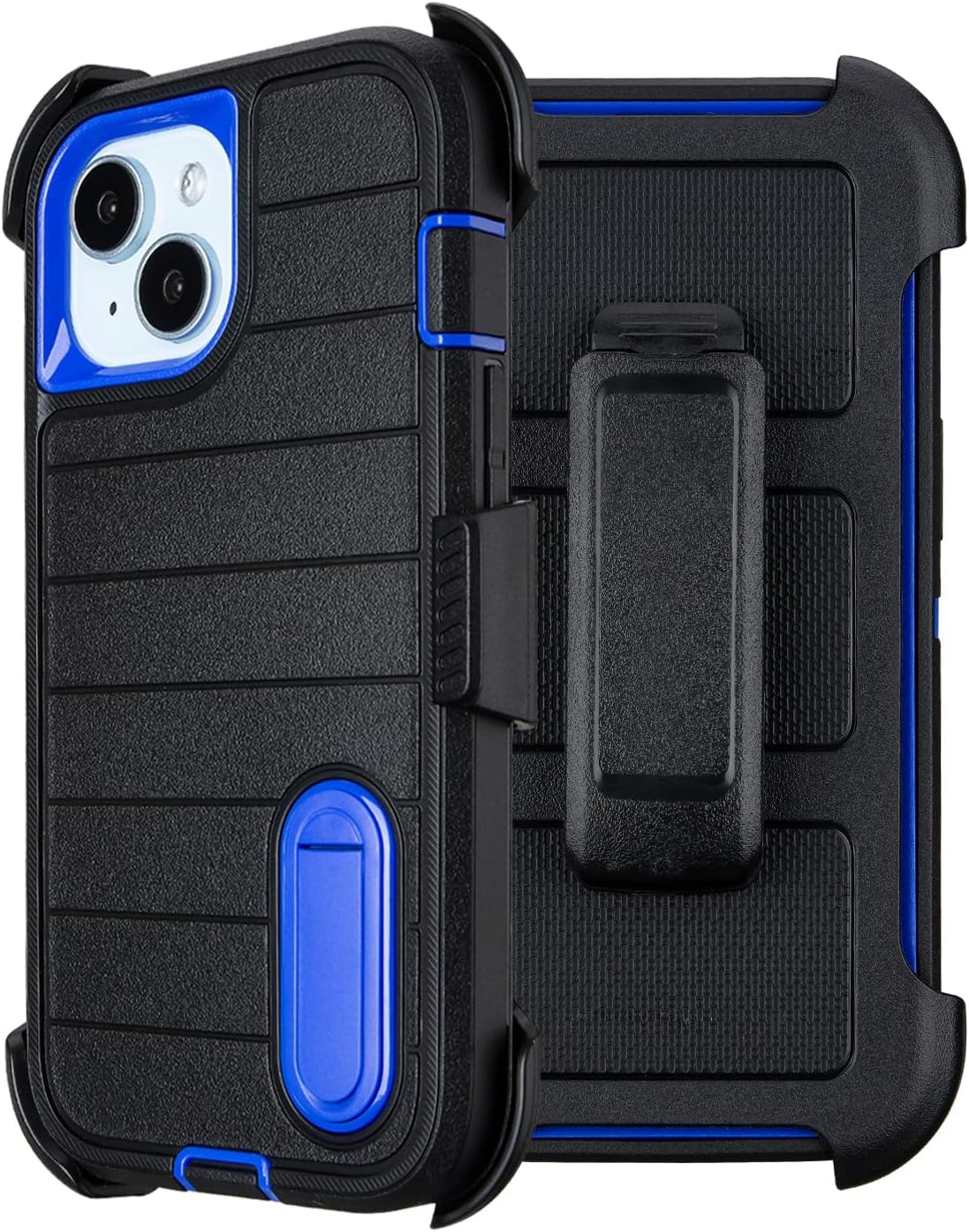 for Rugged iPhone 15 Case with Belt Clip Holster, Military Grade Heavy Duty Shockproof Cover for iPhone15 Case Protective with Stand 6.1 Inch (Black+Blue)