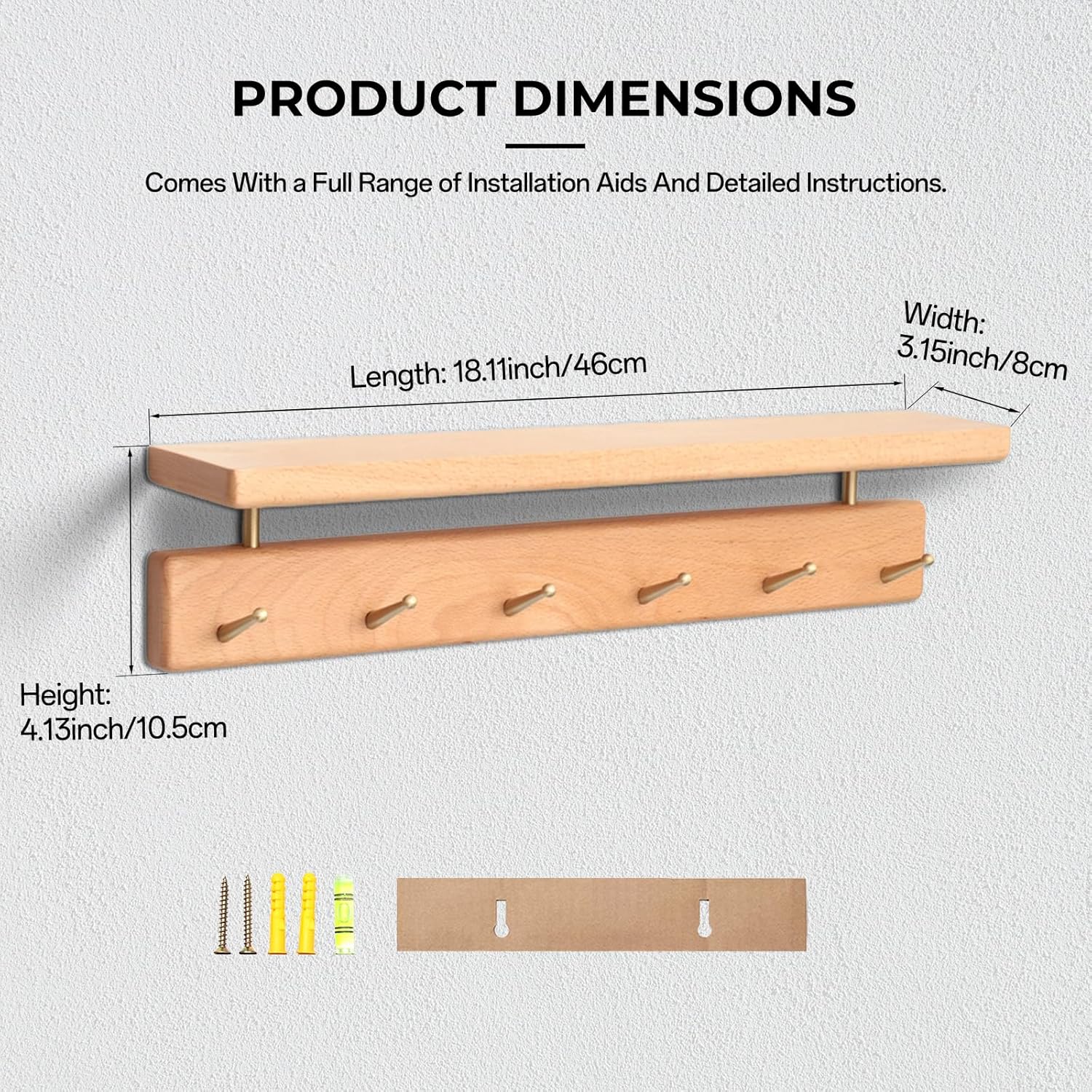 shelf with hooks, solid wood bedroom shelves for wall, wooden coat rack wall mount for bathroom, kitchen, door entryway (beech, 18.11inch/6 hooks) 18.11inch/6 hooks beech