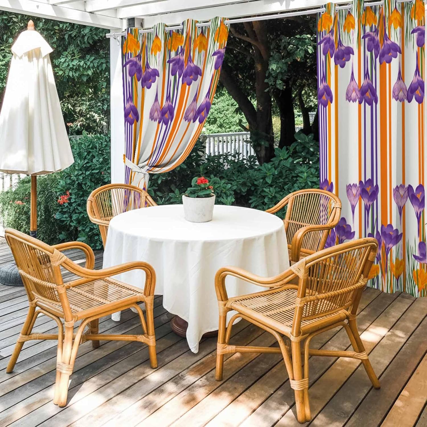 Outdoor Curtains for Patio, Purple Spring Floral Waterproof Blackout Outside Curtain for Porch/Pergola/Gazebo, Thin Line Farmhouse Modern Abstract Art Thermal Insulated Drapes, 1 Panel, 54 x 84 Inch