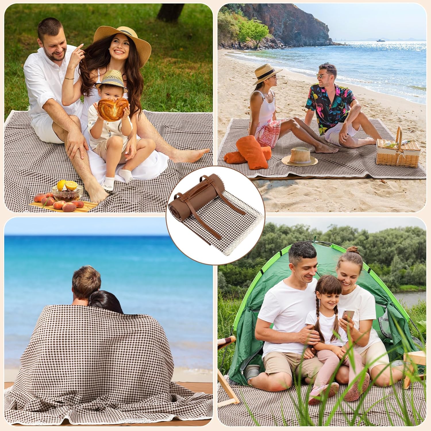 VitalCozy Waterproof Picnic Blankets 59 x 78in Outdoor Blanket Foldable 2 in 1 Double Layer Sandproof Beach Mat with Carry Strap for Camping Lawn Park Beach Grass(Coffee White) - Image 5