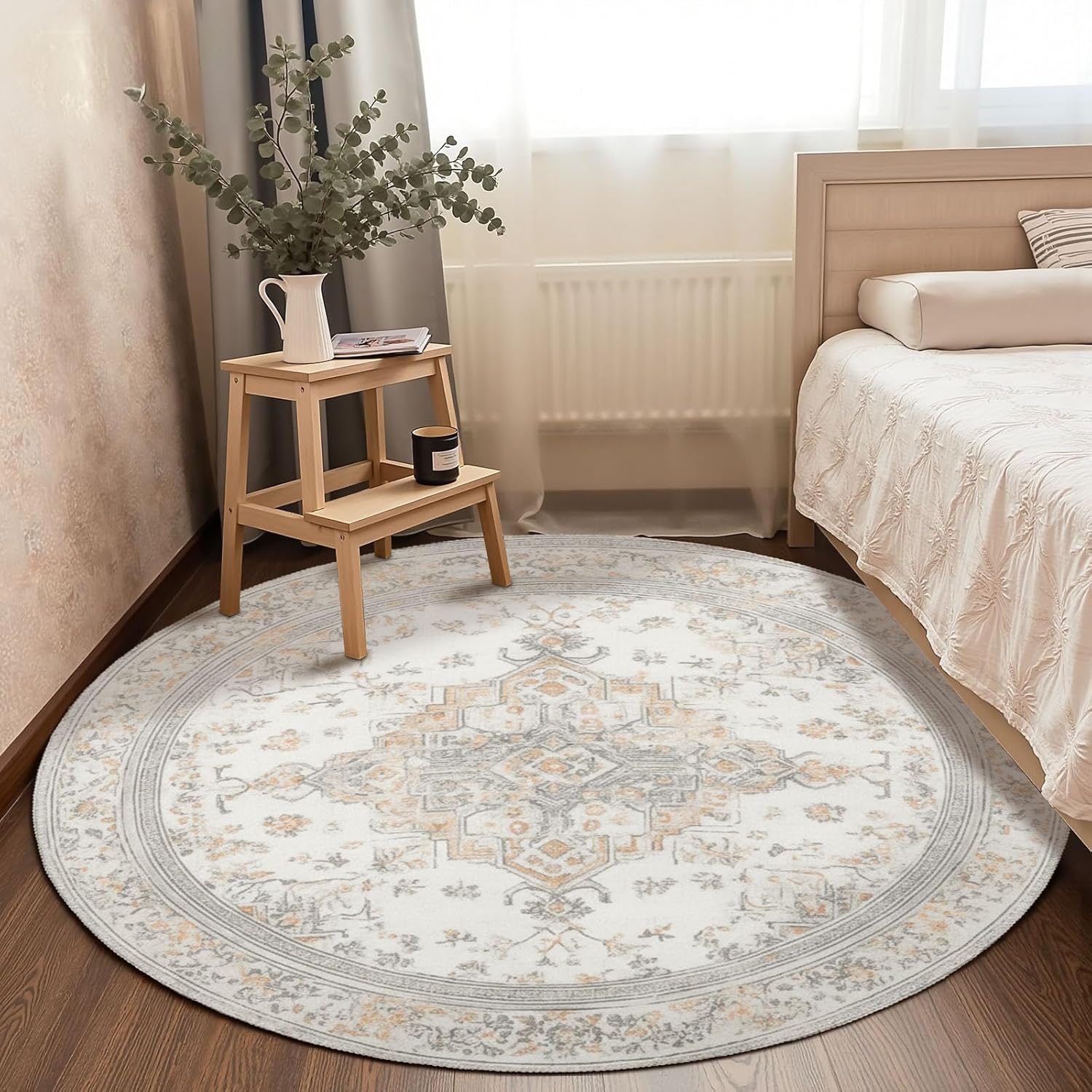 Vintage Round Area Rug 5ft,Machine Washable Modern Oriental Cream Taupe Beige Round Rug Non-Slip Boho Grey Circle Rugs Low-Pile,Floor Carpet Mat for Living Room Bedroom Kitchen Dining Entryway