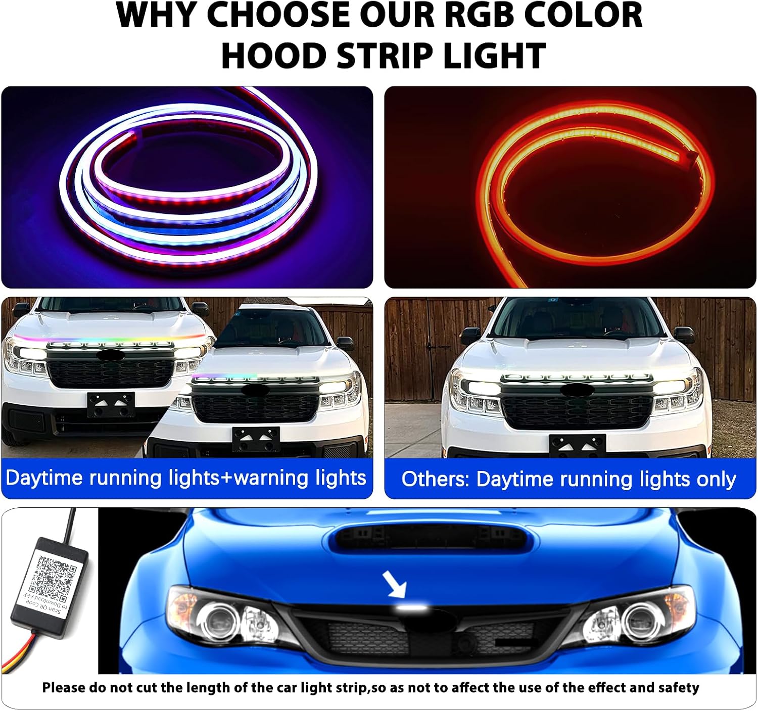Car Led Lights Exterior RGB Hood Light Strip IP68 Waterproof Multicolor Dynamic Scan Start Up Hoodbeam Kit Compatible with Chevy Silverado 1500 2500,Truck,SUV,APP Control,12V(RGB, 59inch)