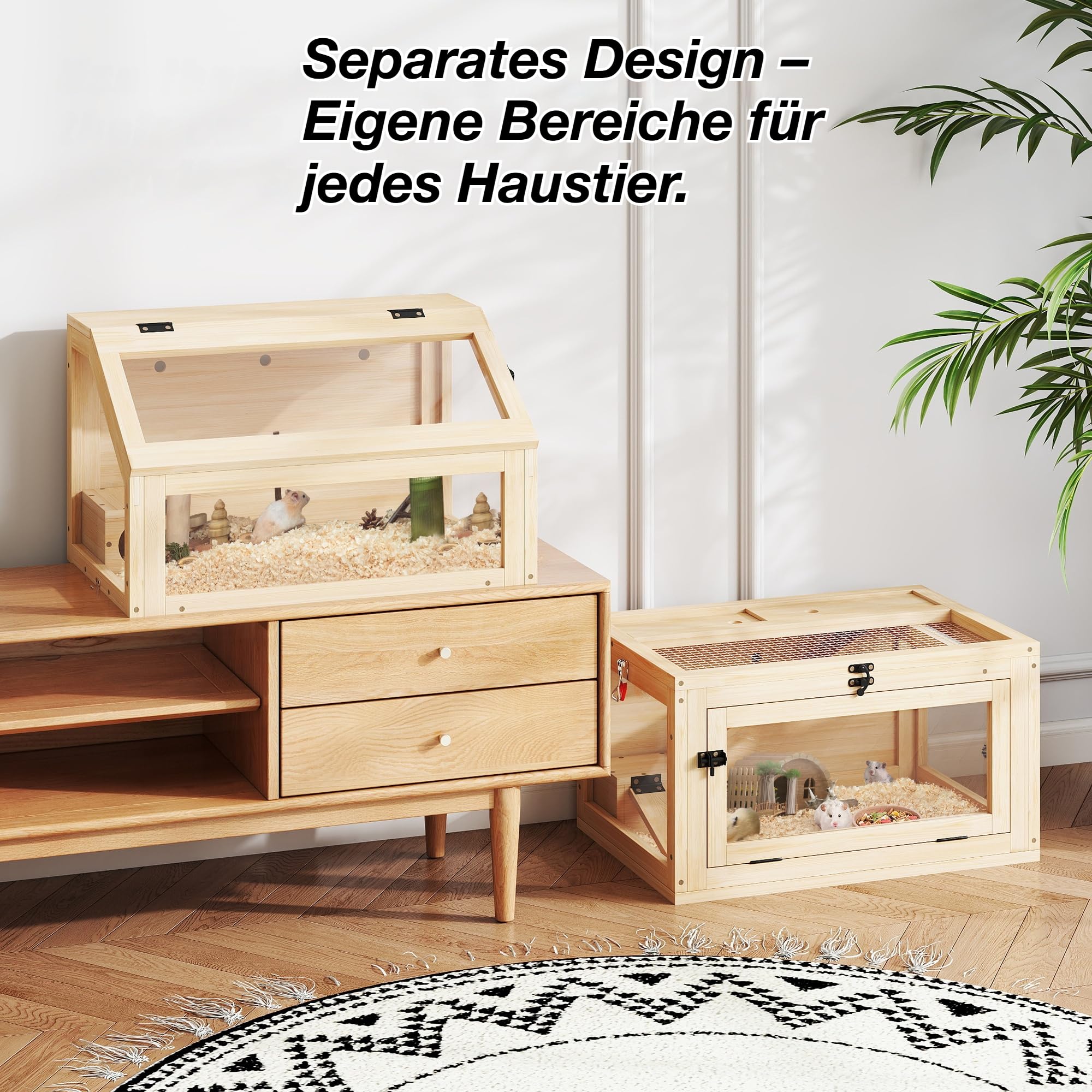 Nagarium - Jaula para hámster de dos pisos de madera natural con cristal acrílico – Grande 60 x 40 x 70 cm, jaula para ratas de libros, jaula de varios niveles con niveles separables y puertas