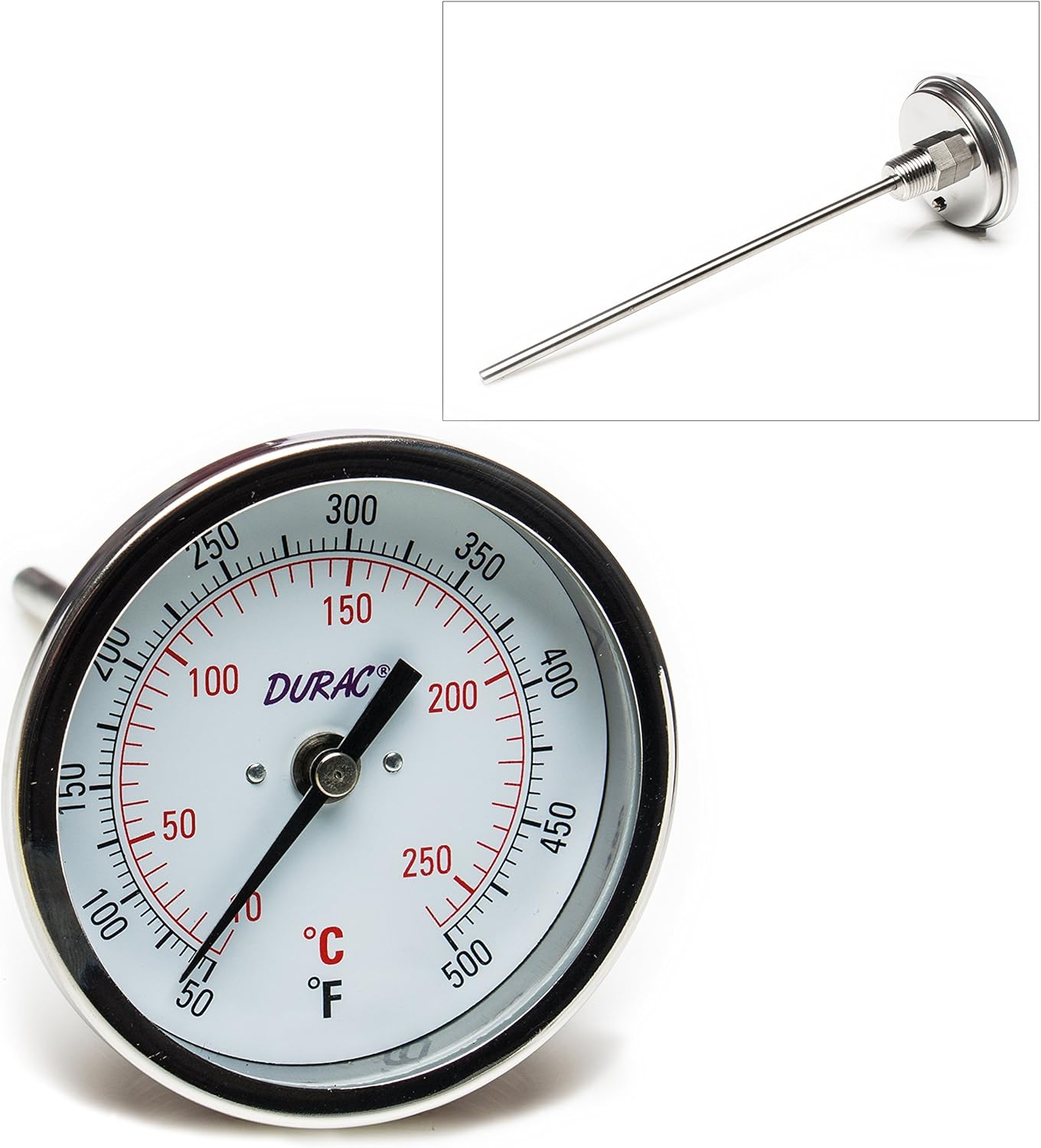 SP Bel-Art, H-B DURAC Bi-Metallic Dial Thermometer; 10 to 260C (50 to 500F), 1/2 in. NPT Threaded Connection, 75mm Dial (B61310-8600)
