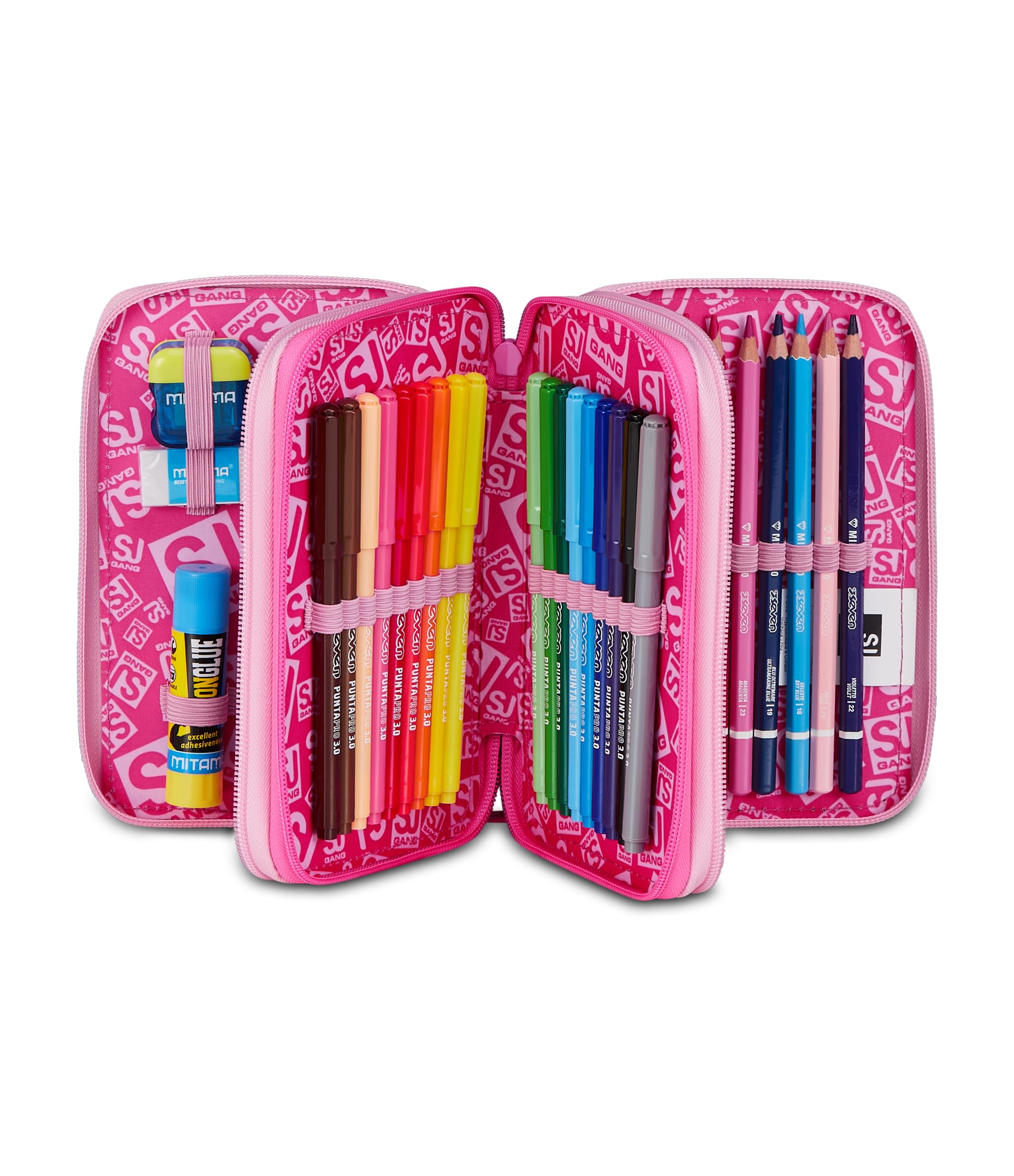 SJ GANG STYLE JAM GANG Astuccio Scuola 3 Zip HEART BUDDY GIRL, Rosa, Triplo Scomparto, 45 pezzi, Set cancelleria incluso, Pratica chiusura con zip, Scuola elementare, Bambina