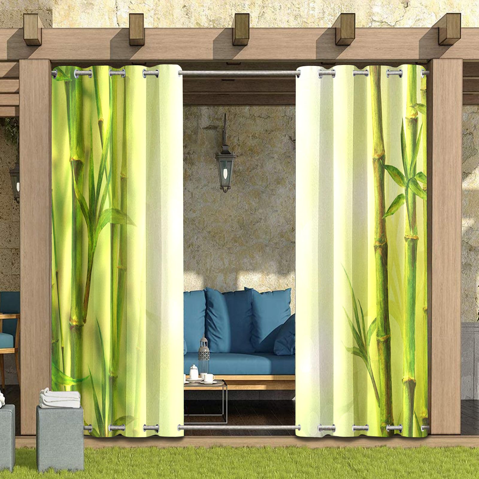 Hiseng Outdoor Vorhänge Wetterfest mit Ösen Oben und Unten, 3D Bambusblatt Muster wasserdichte Outdoorvorhänge 2 Set Verdunkelungsvorhang Sichtschutz Vorhang (Grün Bambus,137x243cm)