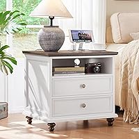 Joaxswe 24" Farmhouse Nightstand with Charging Station, 2 Drawers White Wood End Table for Bedroom, Living Room